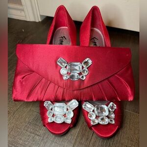 Red Satin Heels and clutch with Crystal Embellishments